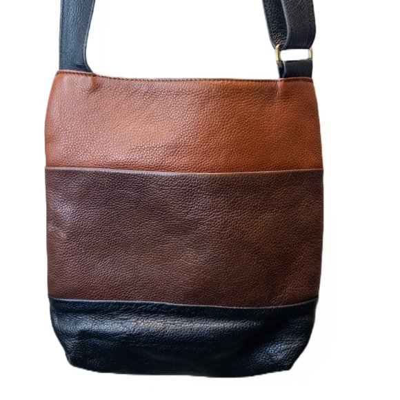 Allo Crossbody Bag Genuine Leather Three Tone Brown Black Medium Boho Purse - Picture 9 of 10